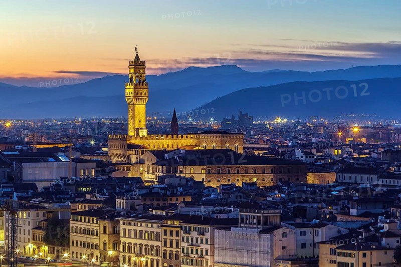 View of Florence with Palazzo Vecchio in evening from Piazzale Michelangelo, Italy, Europe