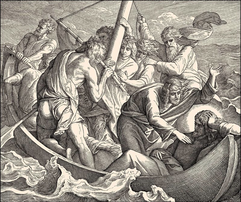 Jesus sleeps in boat during the storm, New Testament, by Julius Schnorr von Carolsfeld, 1860