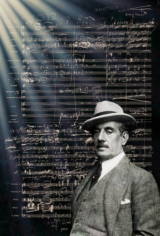 Giacomo Puccini, 1858 –1924, Italian composer, digitally edited according to a photograph by Wilhelm Willinger, La Bohème, Act II, 1895