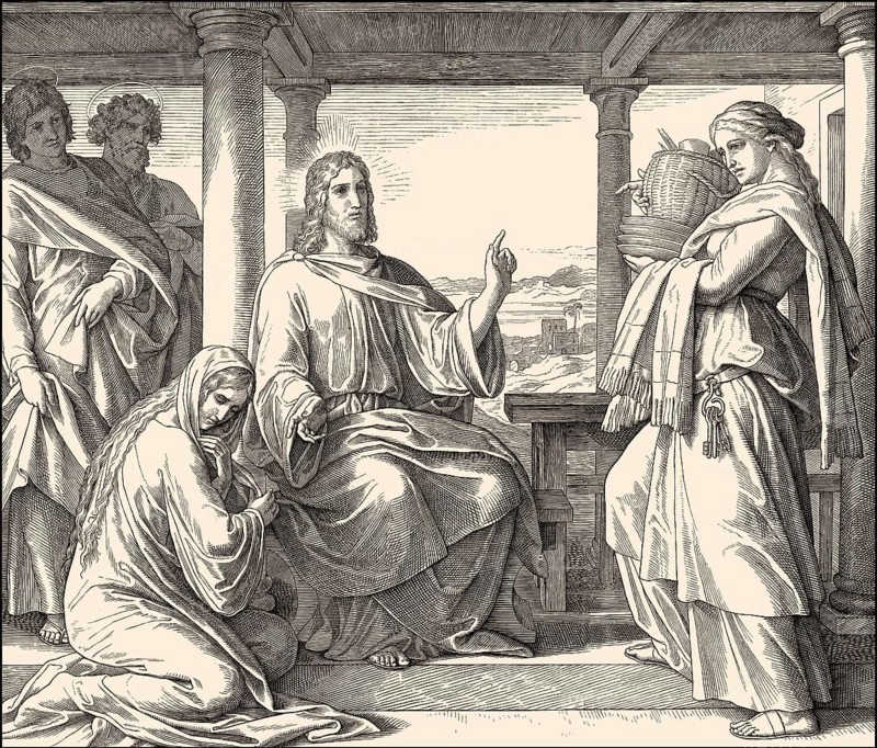 Jesus at the home of Martha and Mary, New Testament, by Julius Schnorr von Carolsfeld, 1860