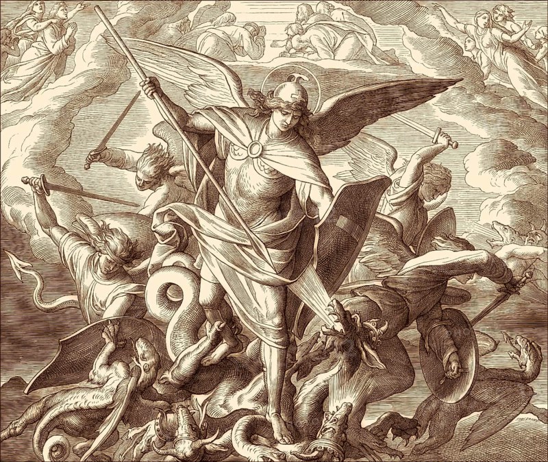 Saint Michael Fighting the Dragon, Book of Revelation, New Testament, by Julius Schnorr von Carolsfeld, 1860