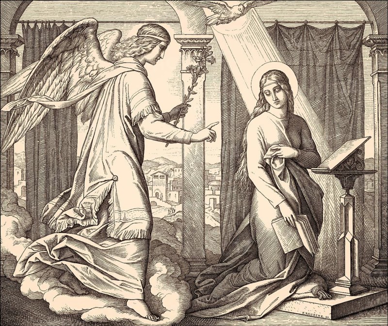 The Angel Gabriel brings the message to Mary about Jesus' birth, by Julius Schnorr von Carolsfeld