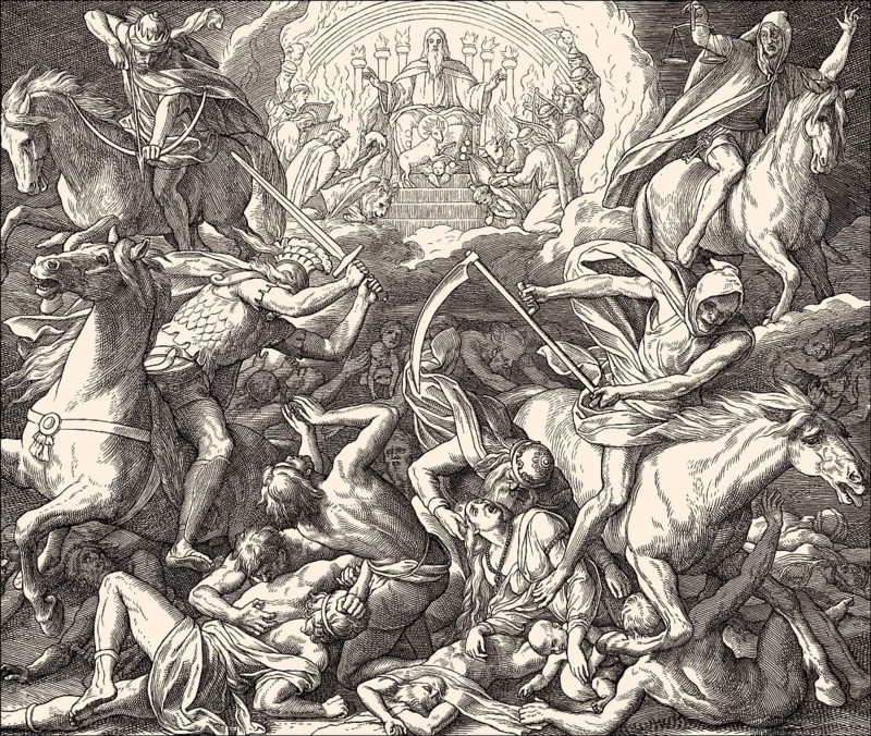 The Four Horsemen of the Apocalypse, Book of Revelation, New Testament, by Julius Schnorr von Carolsfeld, 1860