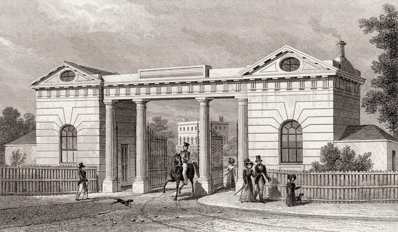 East Gate, Regent's Park, London, UK, illustration by Th. H. Shepherd, 1826