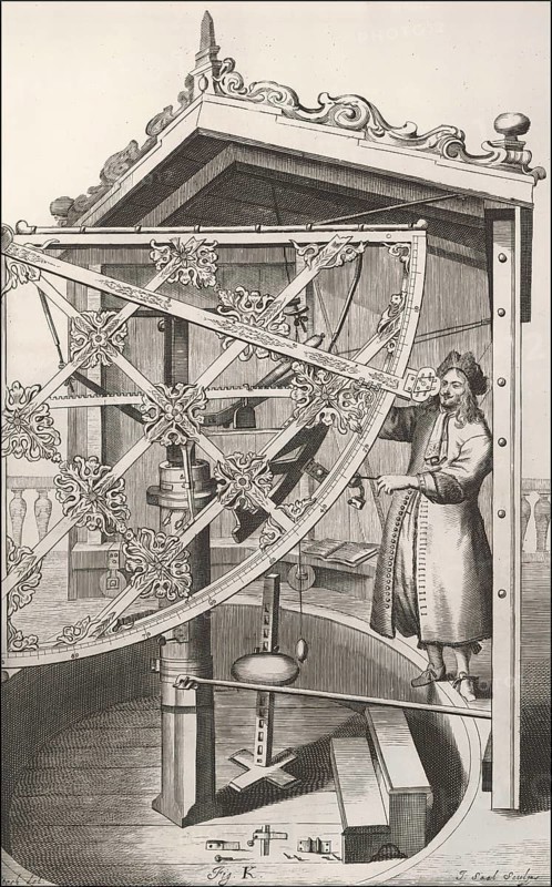 Observing the sky with a brass sextant, Machinae coelestis, 1673, Johannes Hevelius, Danzig