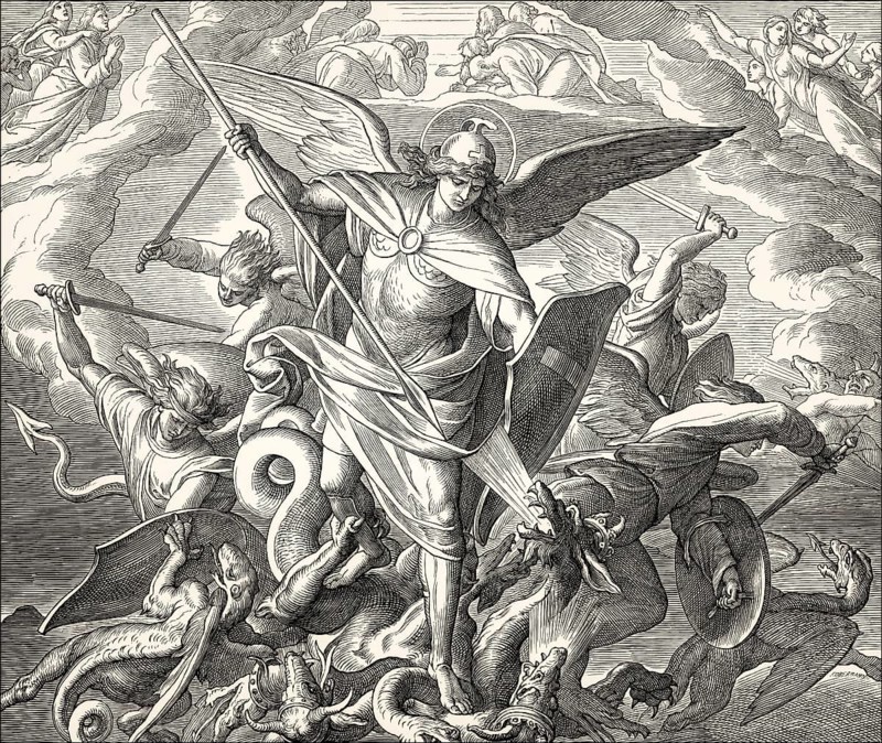 Saint Michael Fighting the Dragon, Book of Revelation, New Testament, by Julius Schnorr von Carolsfeld, 1860