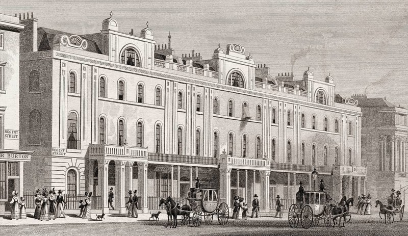 Buildings on the East Side of Regent Street, London, UK, illustration by Th. H. Shepherd, 1826
