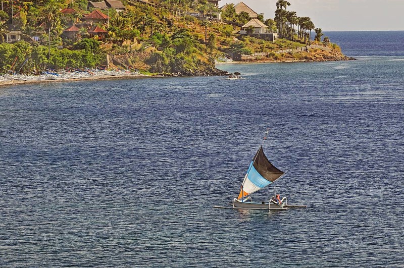 East coast with outrigger sailing boat near Amed, Bali, Indonesia, Asia