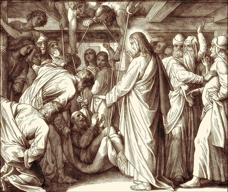 Healing the paralytic at Capernaum, New Testament, by Julius Schnorr von Carolsfeld, 1860