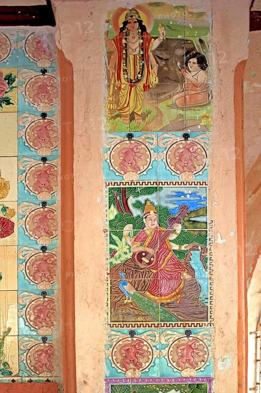 Painting on tiles, god goddess, Shiv Mandir built in 1950, taluka Bhiwandi, district Thana, Maharashtra, India, Asia