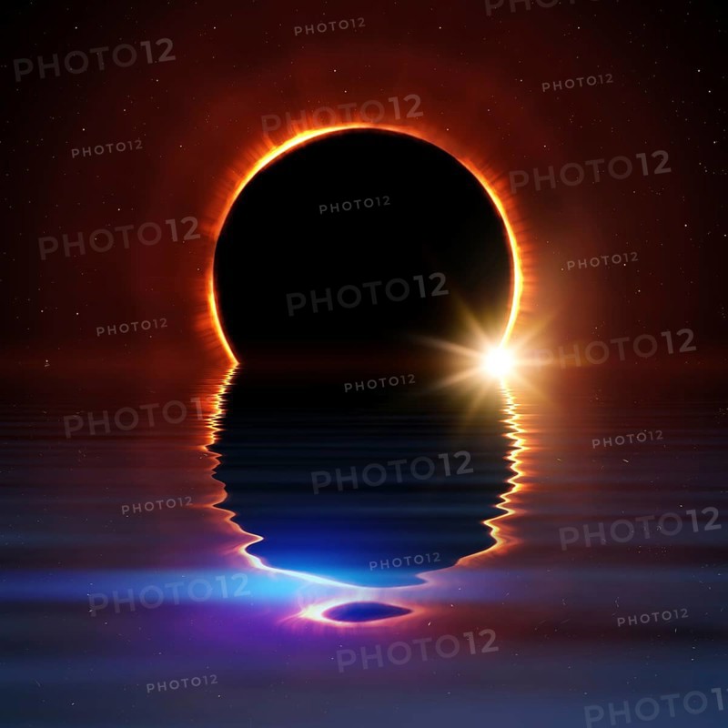 Total sun eclipse water reflection with stars and flare illustration