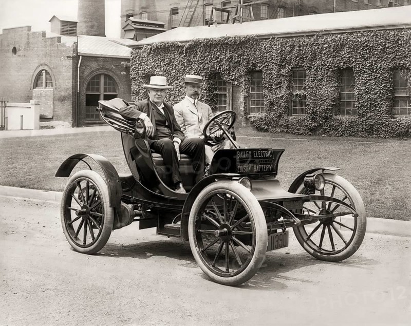 Thomas Alva Edison and Col. E.M.E. Bailey in Bailey Electric automobile powered by Edison Storage Batteries, 1910, digitally edited