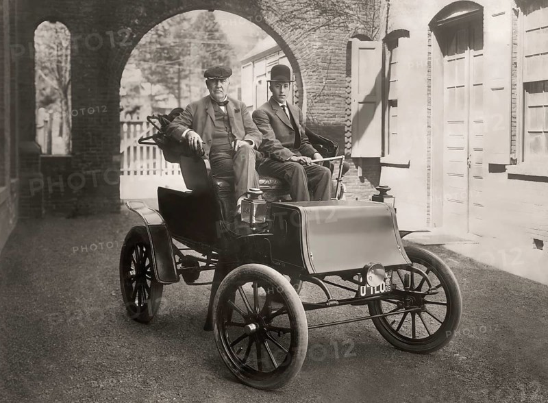 Thomas Edison and Mr. Greenfeldt in a Baker electric automobile, 1910, digitally edited