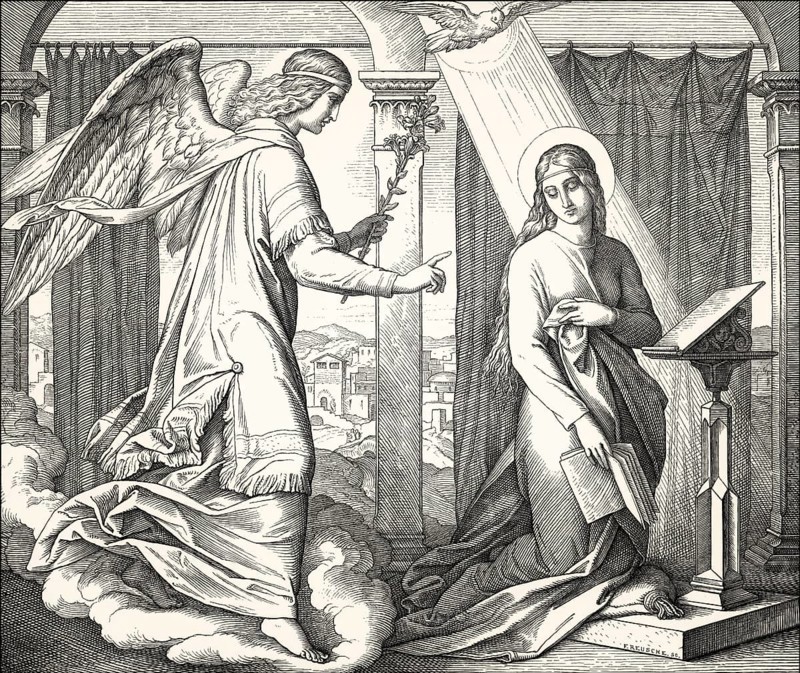 The Angel Gabriel brings the message to Mary about Jesus' birth, by Julius Schnorr von Carolsfeld