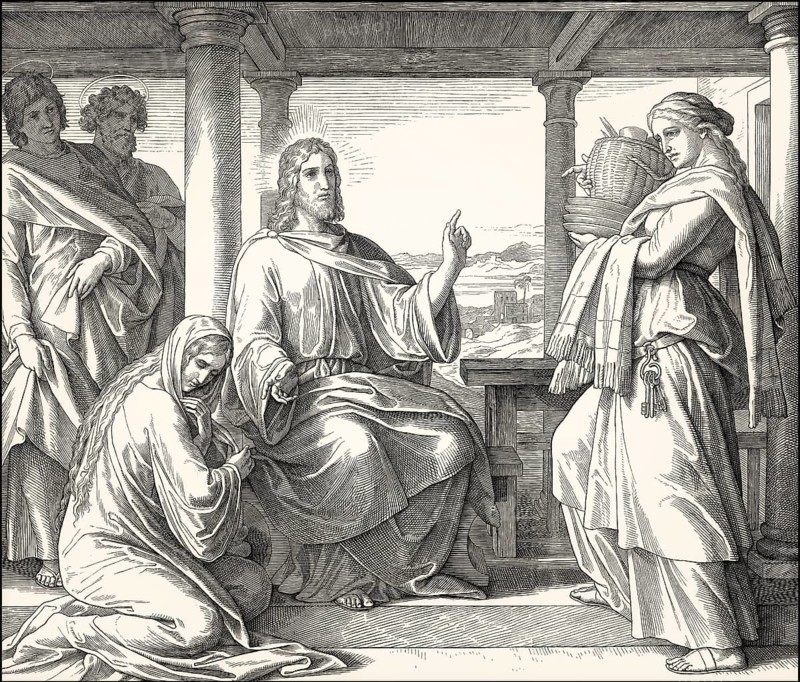 Jesus at the home of Martha and Mary, New Testament, by Julius Schnorr von Carolsfeld, 1860