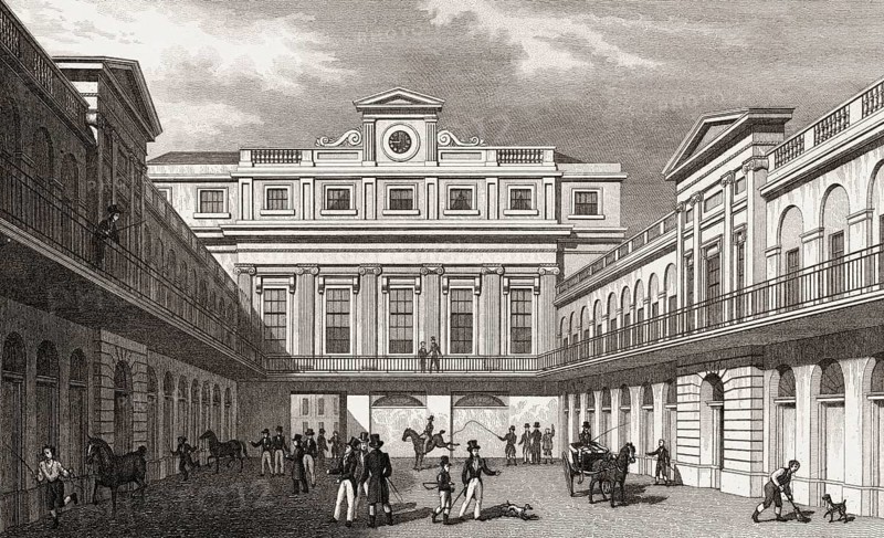 London Horse and Carriage Repository, Gray's Inn Road, London, UK, illustration by Th. H. Shepherd, 1826