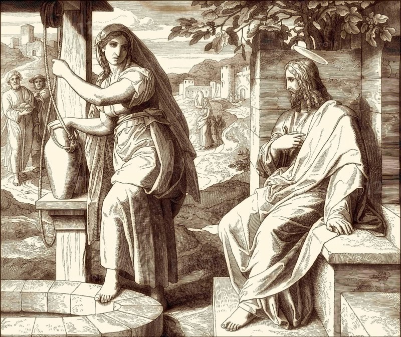 Jesus talks with a Samaritan woman, New Testament, by Julius Schnorr von Carolsfeld, 1860