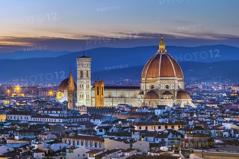 View of Florence Cathedral in evening from Piazzale Michelangelo, Italy, Europe