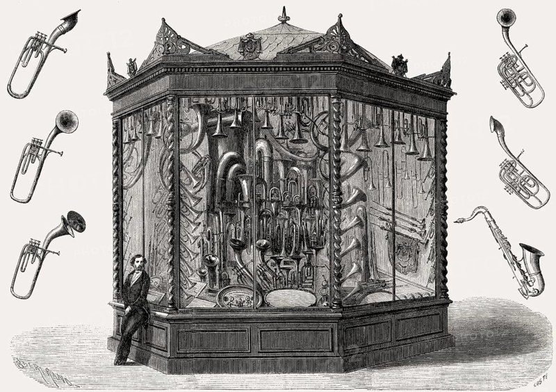 The showcase of Adolphe Sax, International Exhibition of 1862, London, UK