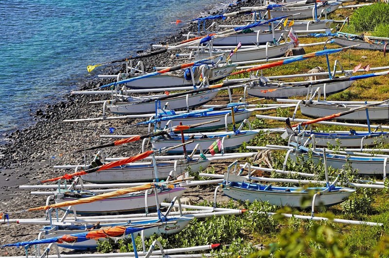 East coast with outrigger boats near Amed, Bali, Indonesia, Asia