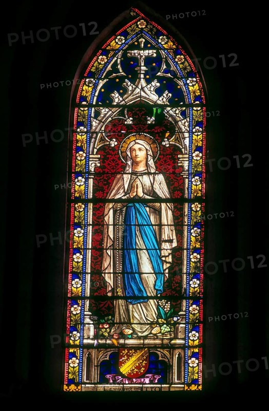 Stained Glass in Basilica of the Sacred Heart of Jesus at Puducherry Pondicherry, South India, India, Asia. Roman Catholic, Asia