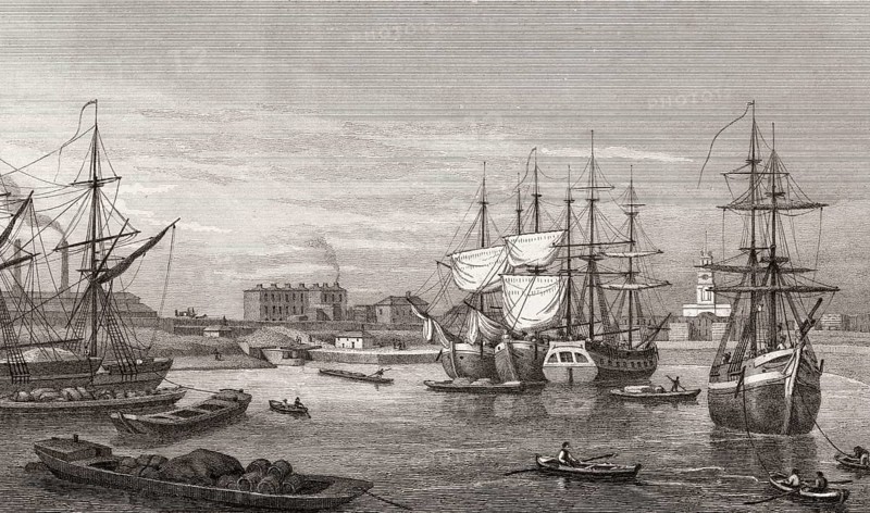 Regent's Canal Dock, Limehouse Basin, London, illustration by Th. H. Shepherd, 1828