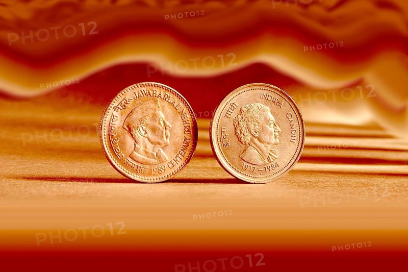 Double pair Indian currency five rupees coin and artistic background backside embossed Jawaharlal Nehru Centenary 1989 and Indira Gandhi 1917-1984
