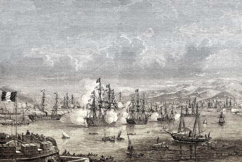 The arrival of the Russian fleet with Grand Duke Konstantin Nikolaevich of Russia, in Toulon harbour, April 20, 1857