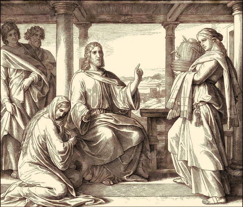 Jesus at the home of Martha and Mary, New Testament, by Julius Schnorr von Carolsfeld, 1860