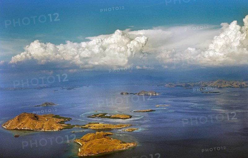 Aerial view, cumulus clouds, cumulus and small islands, flight from Denpasar Bali to Flores, Indonesia, Asia