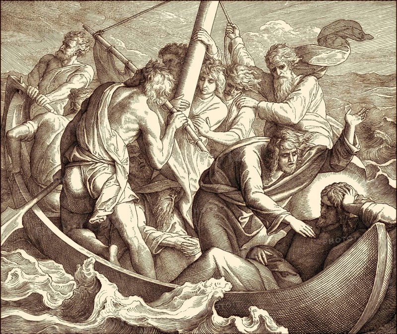 Jesus sleeps in boat during the storm, New Testament, by Julius Schnorr von Carolsfeld, 1860