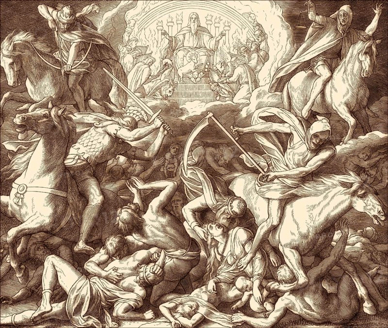 The Four Horsemen of the Apocalypse, Book of Revelation, New Testament, by Julius Schnorr von Carolsfeld, 1860