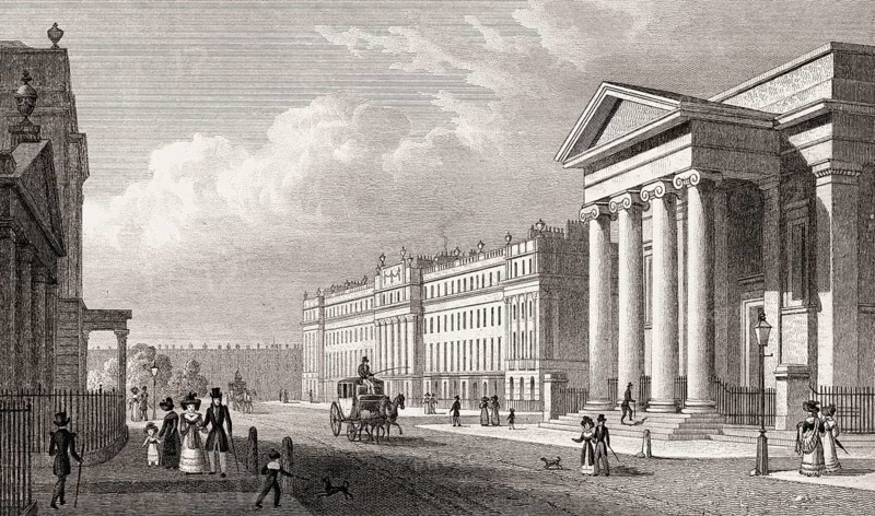 Belgrave chapel, and West side of Belgrave Square, London, illustration by Th. H. Shepherd, 1828