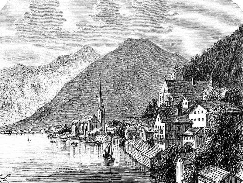Townscape of Hallstatt in 19th century, Salzkammergut, archaeology of the Early Stone Age or Hallstatt culture, cemetery, Lake Hallstatt, history of mankind, Austria, historical illustration 1880, Europe
