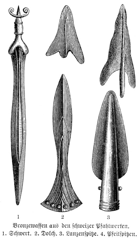 Bronze weapons from prehistoric Swiss pile dwellings, sword, dagger, spearhead, arrowhead, history of mankind, Switzerland, historical illustration 1880, Europe