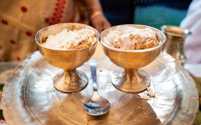 Assamese traditional food displayed at a stall to sell during Magh Bihu or Bhogali Bihu festival. Magh Bihu or Bhogali Bihu is a harvest festival which marks the end of the harvesting season in Assam