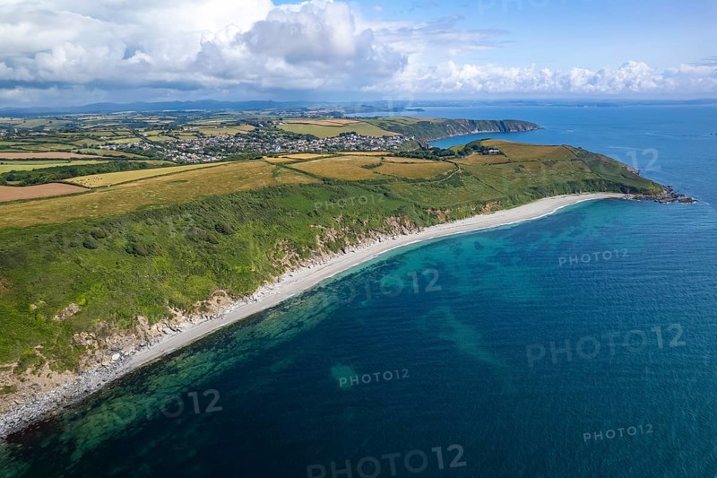 Vault Beach and St Goran seen from the air, Saint Austell, Cornwall, England, United Kingdom, Europe
