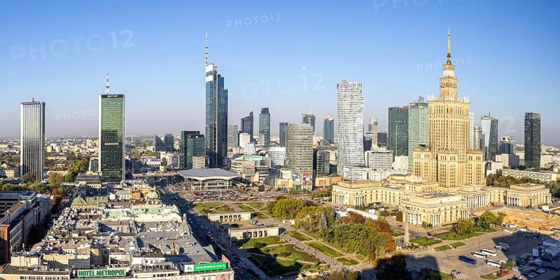 Warsaw skyline skyscrapers with Palace of Culture in the city centre panorama in Warsaw, Poland, Europe