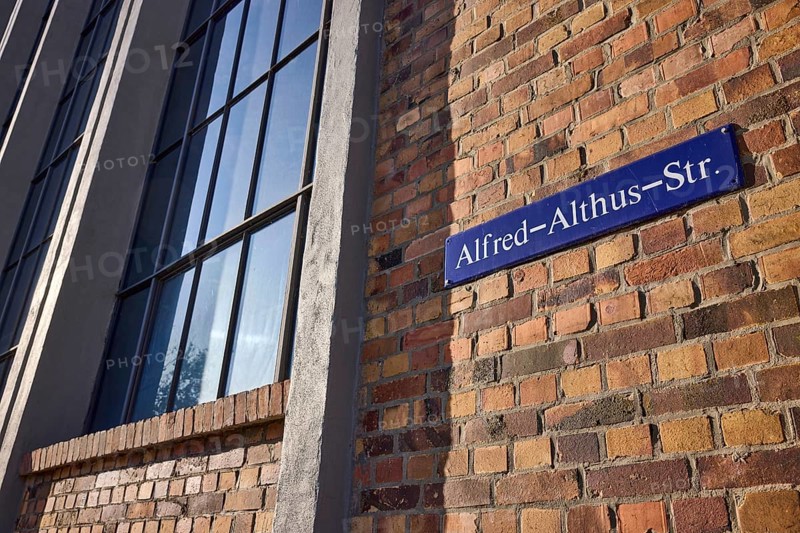 Power plant Mitte Dresden, New Objectivity architecture, brick architecture, facade with windows, frog perspective, street sign Alfred-Althus-Straße, Dresden, state capital, independent city, Saxony, Germany, Europe