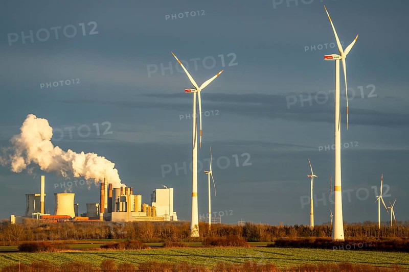 RWE Power lignite-fired power plant Neurath, RWE wind farm near Grevenbroich, power plant units, chimneys, cooling towers, North Rhine-Westphalia, Germany, Europe
