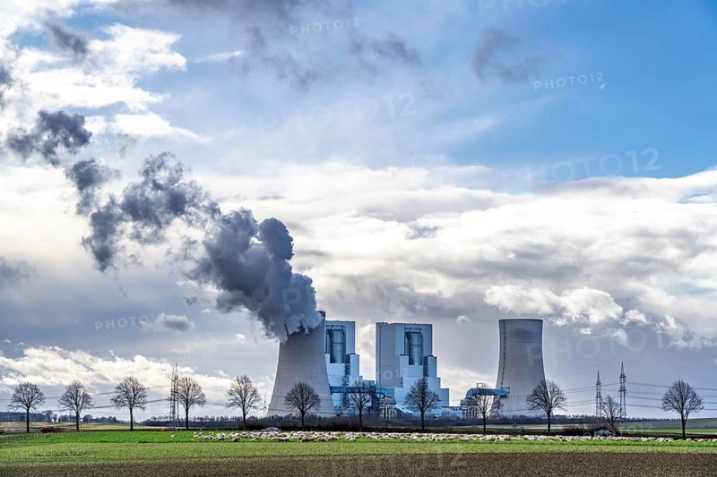 RWE Power lignite-fired power plant Neurath, near Grevenbroich, power plant units F and G, cooling towers, country road, sheep on a pasture in front of the lignite-fired power plant, North Rhine-Westphalia, Germany, Europe