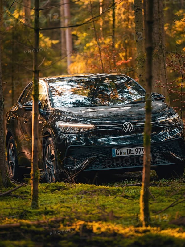 Car between trees in the forest with sunbeams on the bonnet, car sharing vehicle Deer Mobility, electric car VW ID5, Black Forest, Germany, Europe