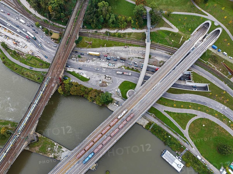 Load test on the Neckar Bridge, aerial view. Due to the unusual design, dimensional checks are mandatory in front of the bridge is opened to trains. Two goods trains with a combined weight of 960 tonnes load the 345 metre long bridge over the Neckar. The bridge is part of the major Stuttgart 21 project. Leuzeknoten. Stuttgart, Baden-Württemberg, Germany, Europe