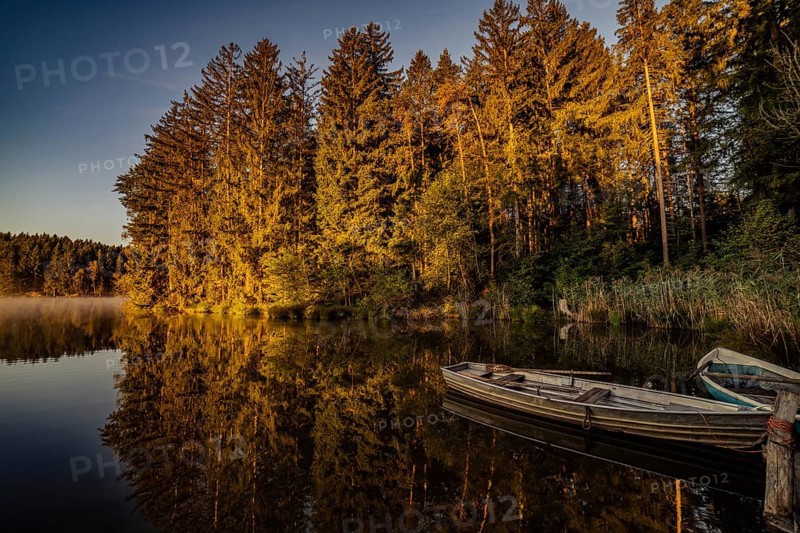 Boats in the autumnal Schmutter Weiher in the Allgäu near the municipalities of Halblech, Roßhaupten and Lechbruck in Ostallgäu in the foothills of the Alps