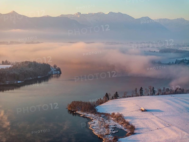 Morning light, winter, snow, fog, lake, mountain landscape, aerial view, sunny, Riegsee, behind it Estergebirge, Alpine foothills, Bavaria, Germany, Europe