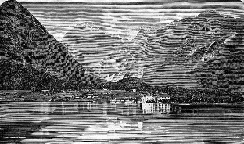 Village Petisau, municipality Eben, at the Achensee at the nature reserve Karwendel, alpine mountain landscape, holiday resort, water reflection, valley, journey, Tyrol, Austria, historical illustration 1885, Europe