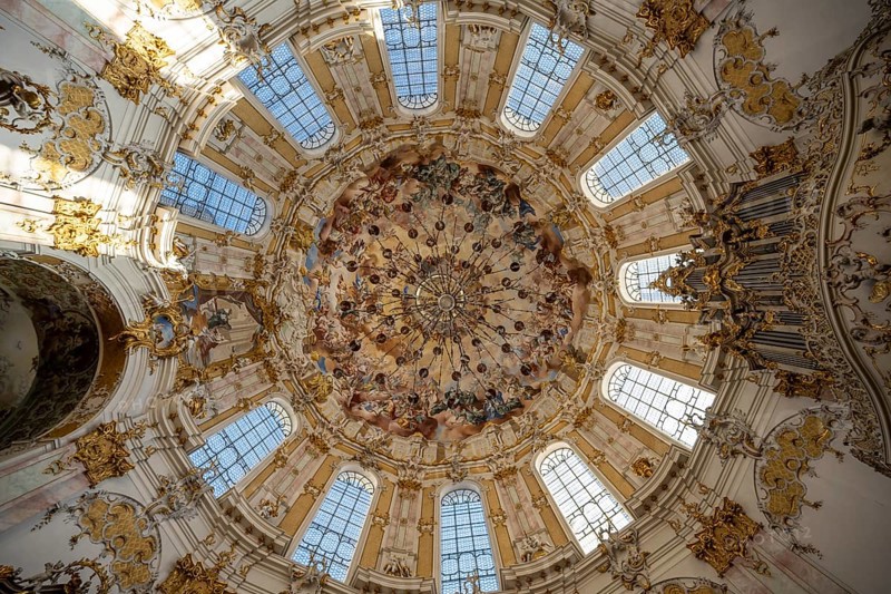 Interior of the baroque church with ceiling paintings, Ettal Monastery, baroque Benedictine abbey, Ettal, Upper Bavaria, Bavaria, Germany, Europe