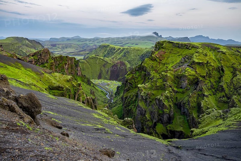 Canyon, Moss-covered volcanic mountain landscape, Pakgil, Iceland, Europe