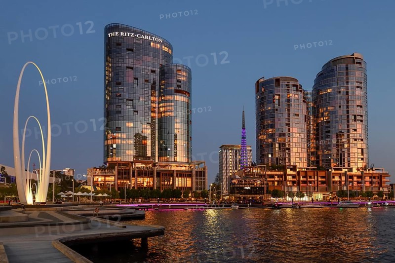Skyline at Elisabeth Quay, blue hour, harbour, Perth, State of Western Australia, Australia, Oceania