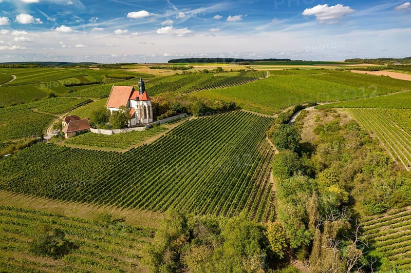 The pilgrimage church Maria im Weingarten and vineyards near Volkach seen from the air, Lower Franconia, Bavaria, Germany, Europe